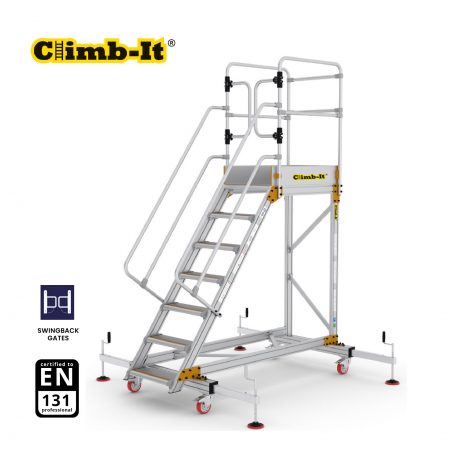 Climb-It 12-tread aluminium mobile platform ladder with safety rails, swingback gates, and EN131 professional certification.